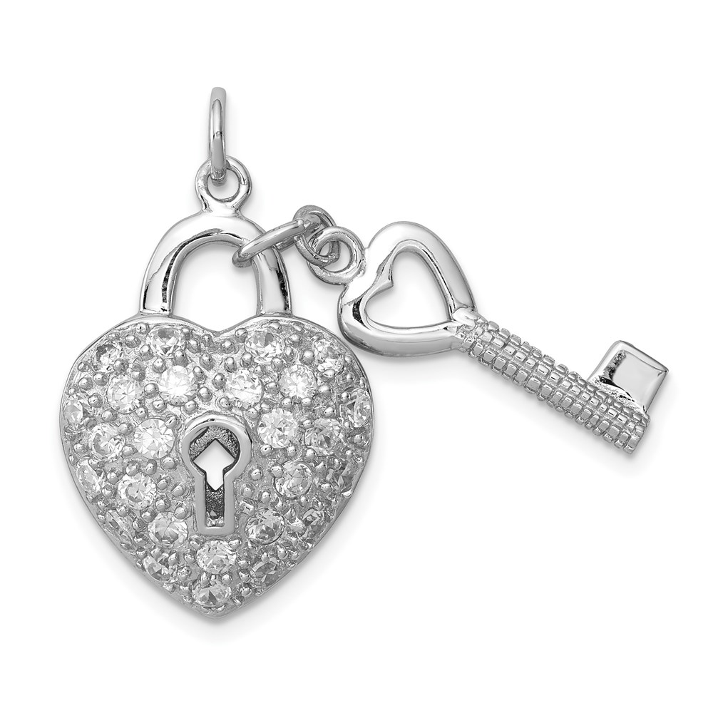 925 Sterling Silver Rhodium-Plated Cz Heart Lock & Key Necklace Charm Pendant